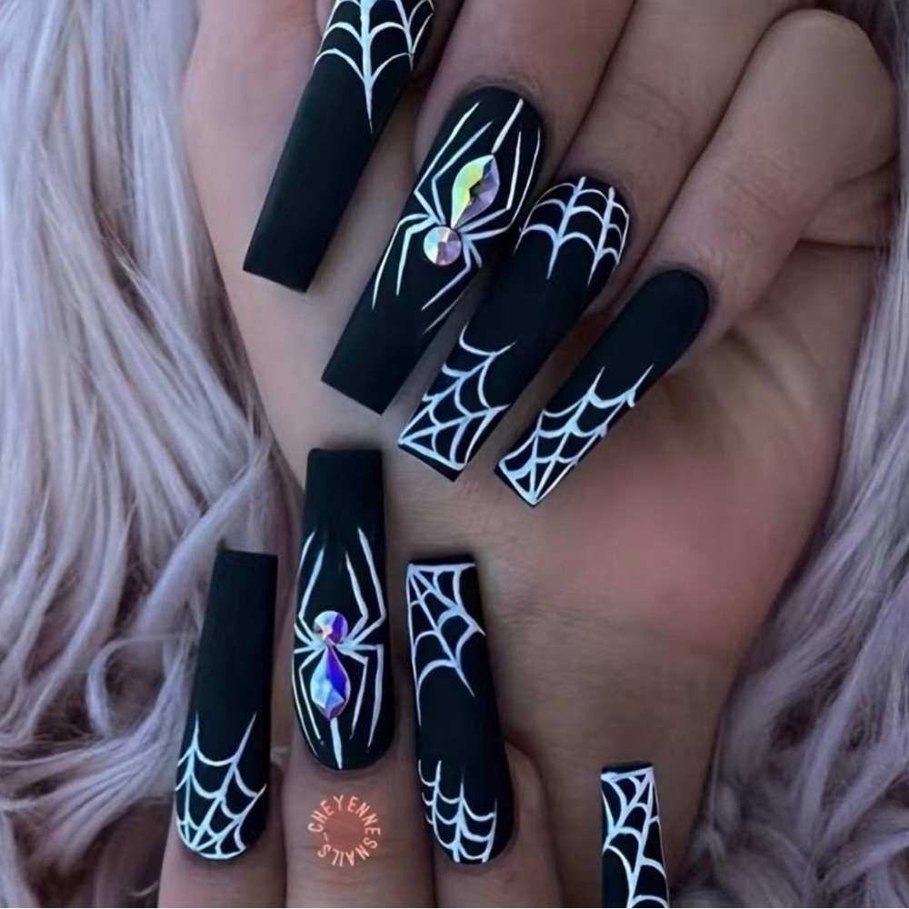 Black Halloween Press On Nails Long With Cobweb & Rhinestone Spider Designs New
